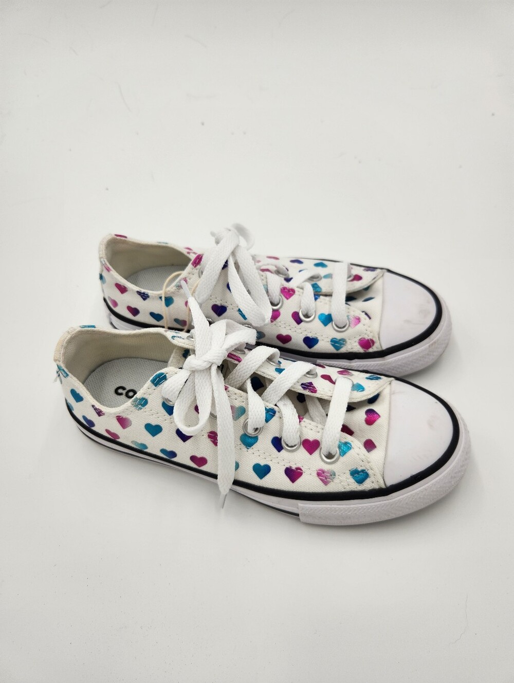 Converse All Star Sneakers White Rainbow Foil Hearts Girls Youth Size 13